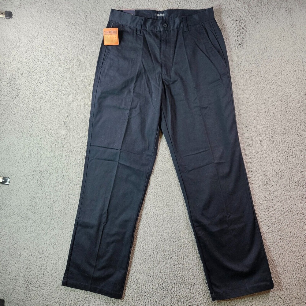 NWT - Cherokee Khakis Pants Men 30x30 Flat Front Wrinkle‎ Resist Navy Blue
